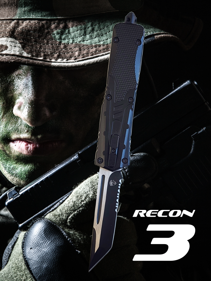 Venom Recon 3 Automatic OTF Knife - Black (Tanto Par Ser 3.25").