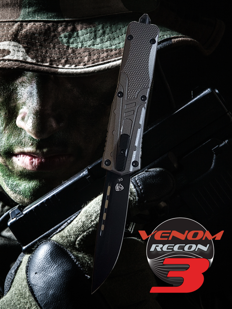 Venom Recon 3 Automatic OTF Knife - Gray (Black Drop Point 3.25").