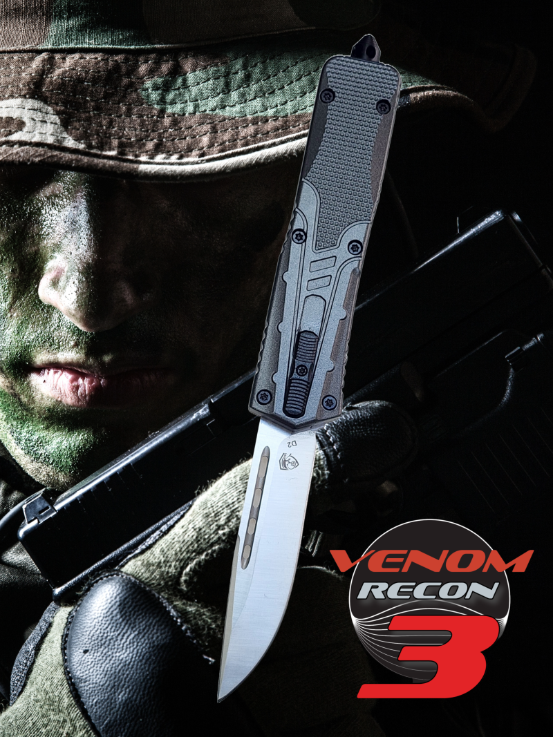 Venom Recon 3 Automatic OTF Knife - Gray (Satin Drop Point 3.25").