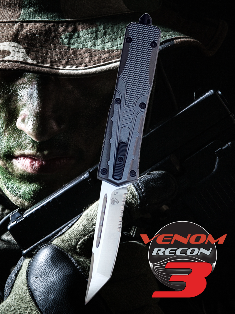 Venom Recon 3 Automatic OTF Knife - Gray (Satin Tanto Par Ser 3.25").