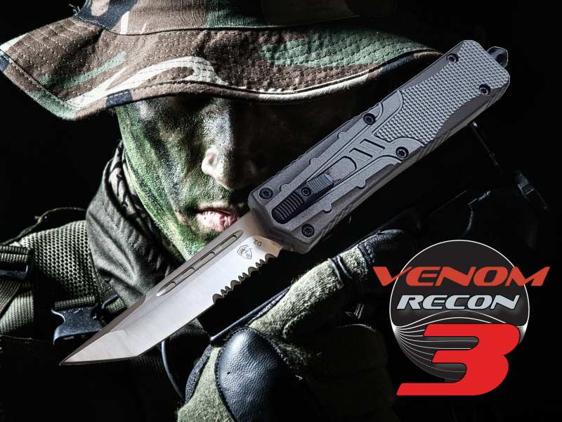 Venom Recon 3 Automatic OTF Knife - Gray (Satin Tanto Par Ser 3.25").