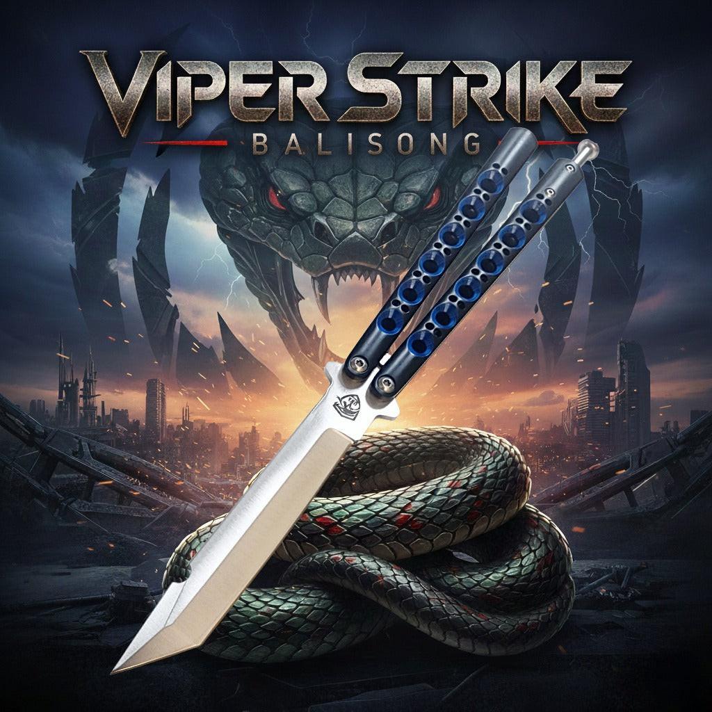 Balisong knife with snake design against a cityscape and dragon background, featuring 'Viper Strike' branding.