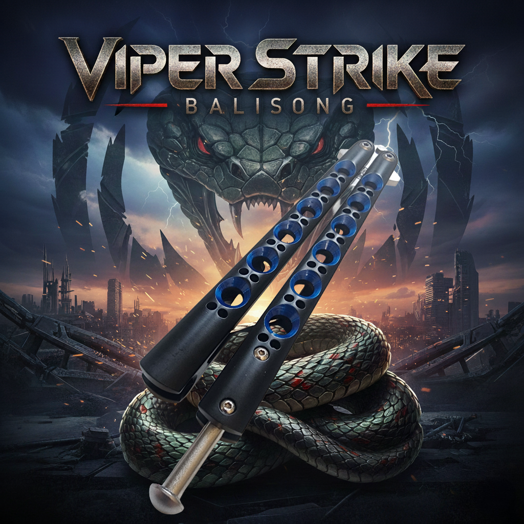 Viper Strike Balisong with a dragon and cityscape background
