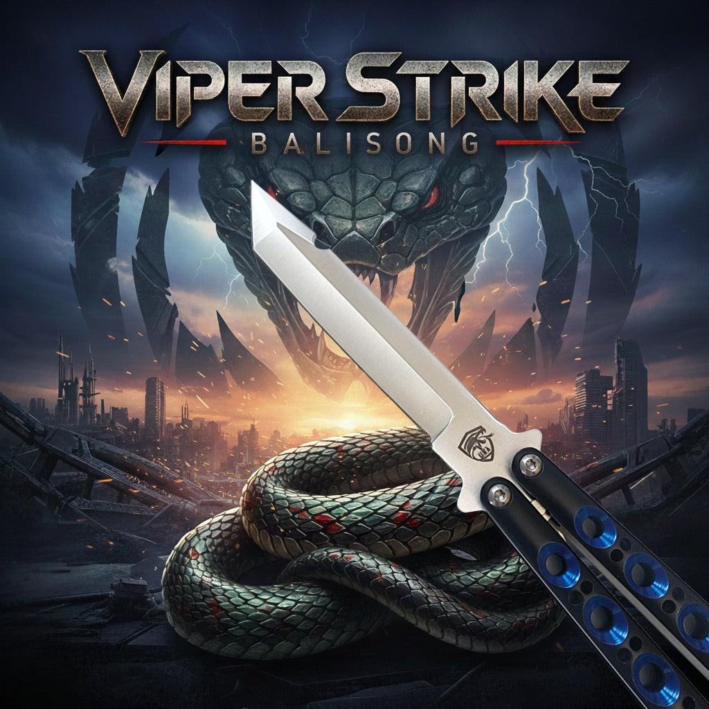 Balisong knife with Viper Strike branding against a futuristic cityscape background