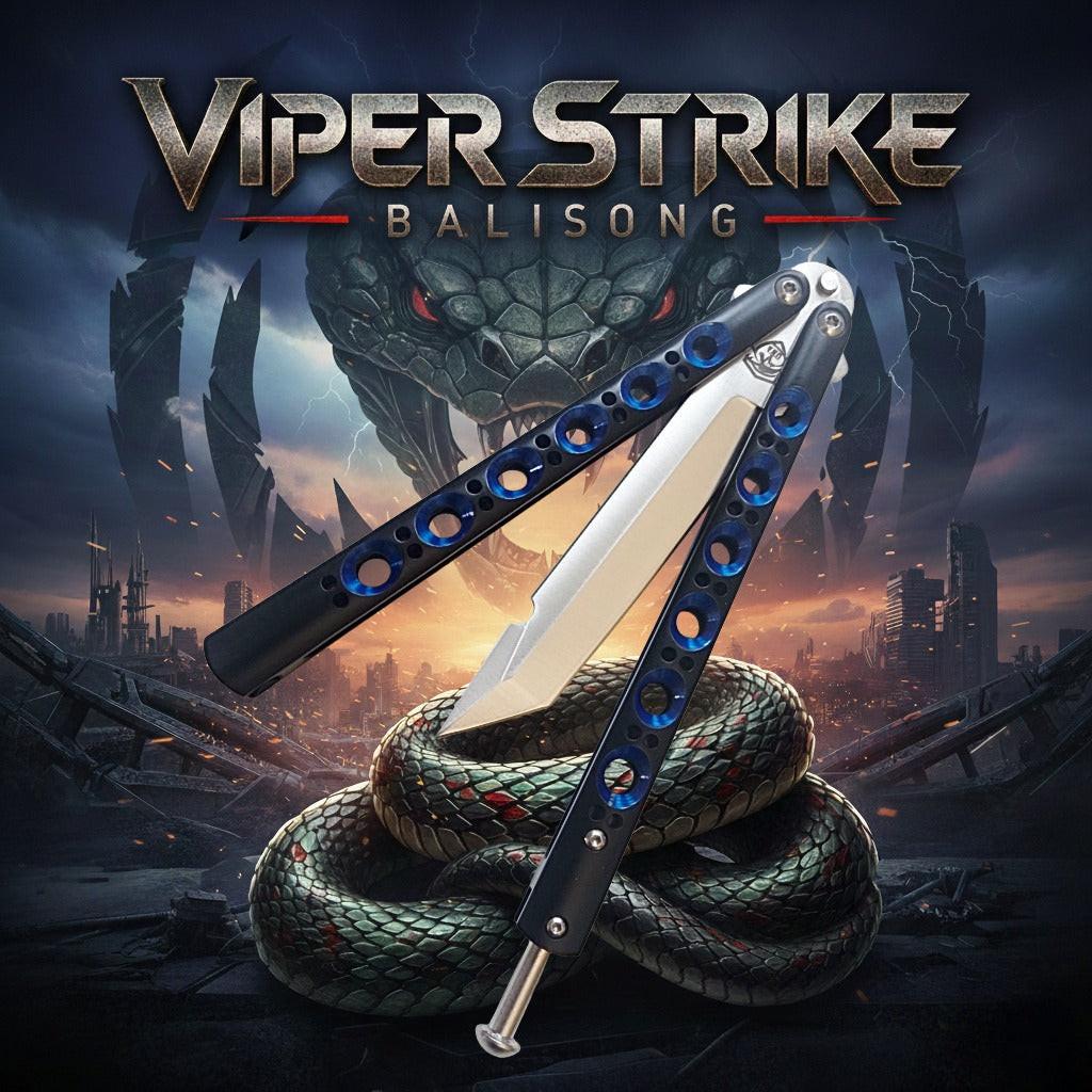 Viper Strike Balisong knife with a fantasy-themed background featuring a snake and cityscape.