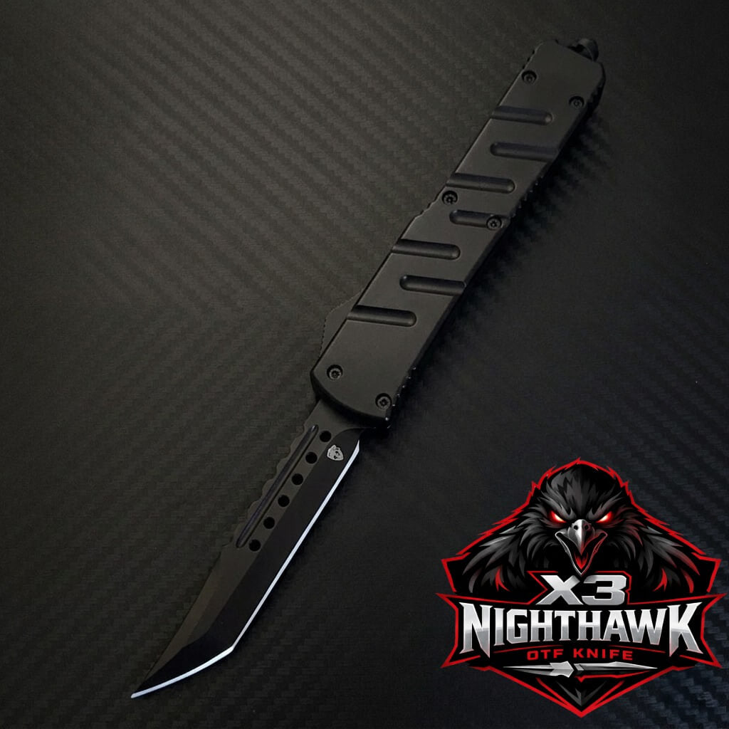 Black folding knife on a dark textured background with X3 Nighthawk logo.