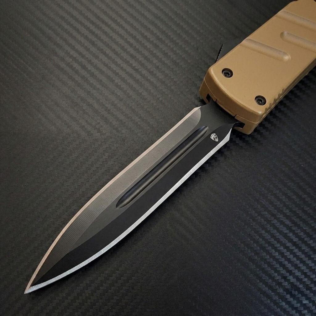 Venom X3 Nighthawk D/A Auto OTF Knife in Tan and Black DE, luxury tactical blade with premium craftsmanship