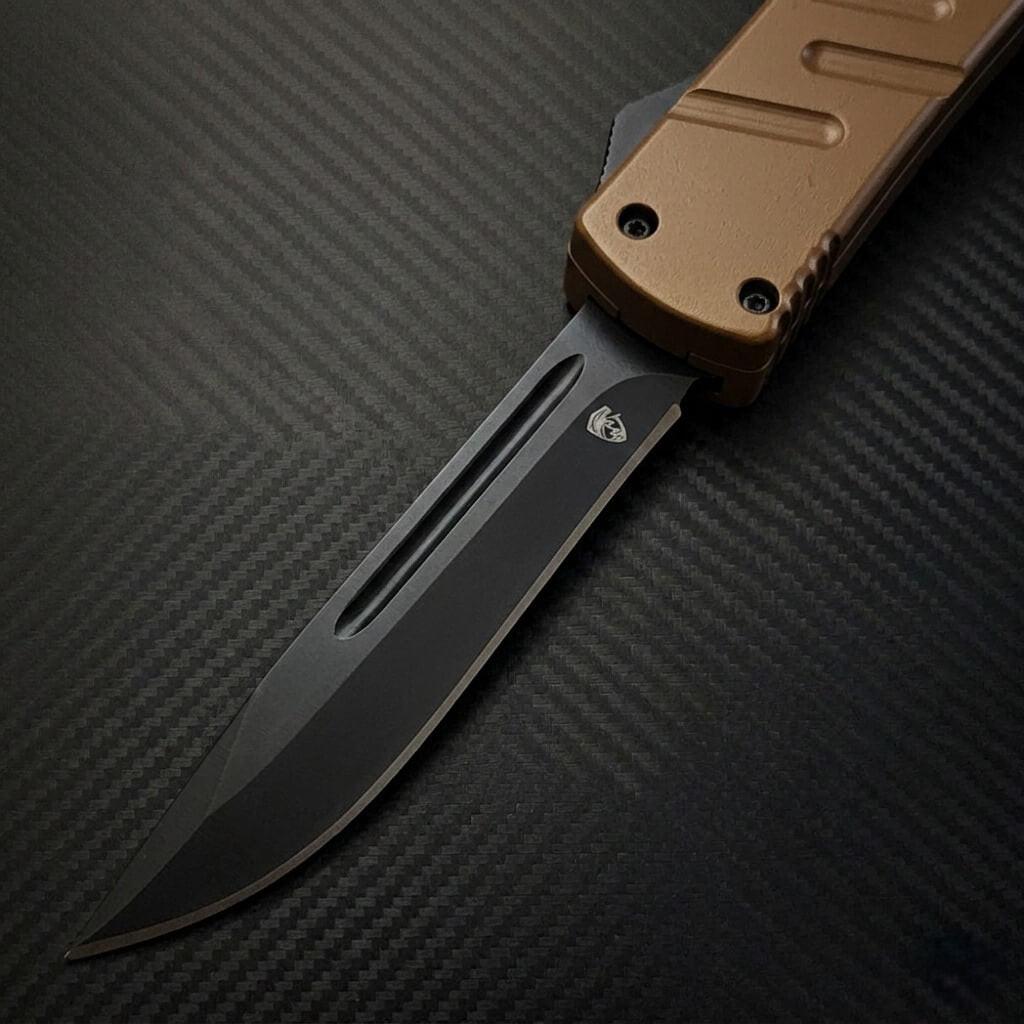 Venom X3 Nighthawk D/A Auto OTF Knife in elegant tan and black, showcasing sleek design and superior durability