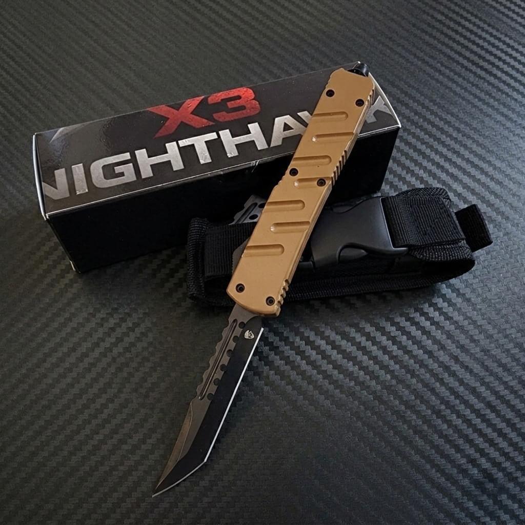 Venom X3 Nighthawk D/A Auto OTF Knife in Tan, featuring Black Spartan design – premium tactical luxury blade.