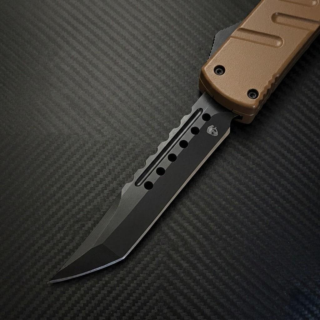 Venom X3 Nighthawk D/A Auto OTF Knife in Tan, featuring Black Spartan design – premium tactical luxury blade.