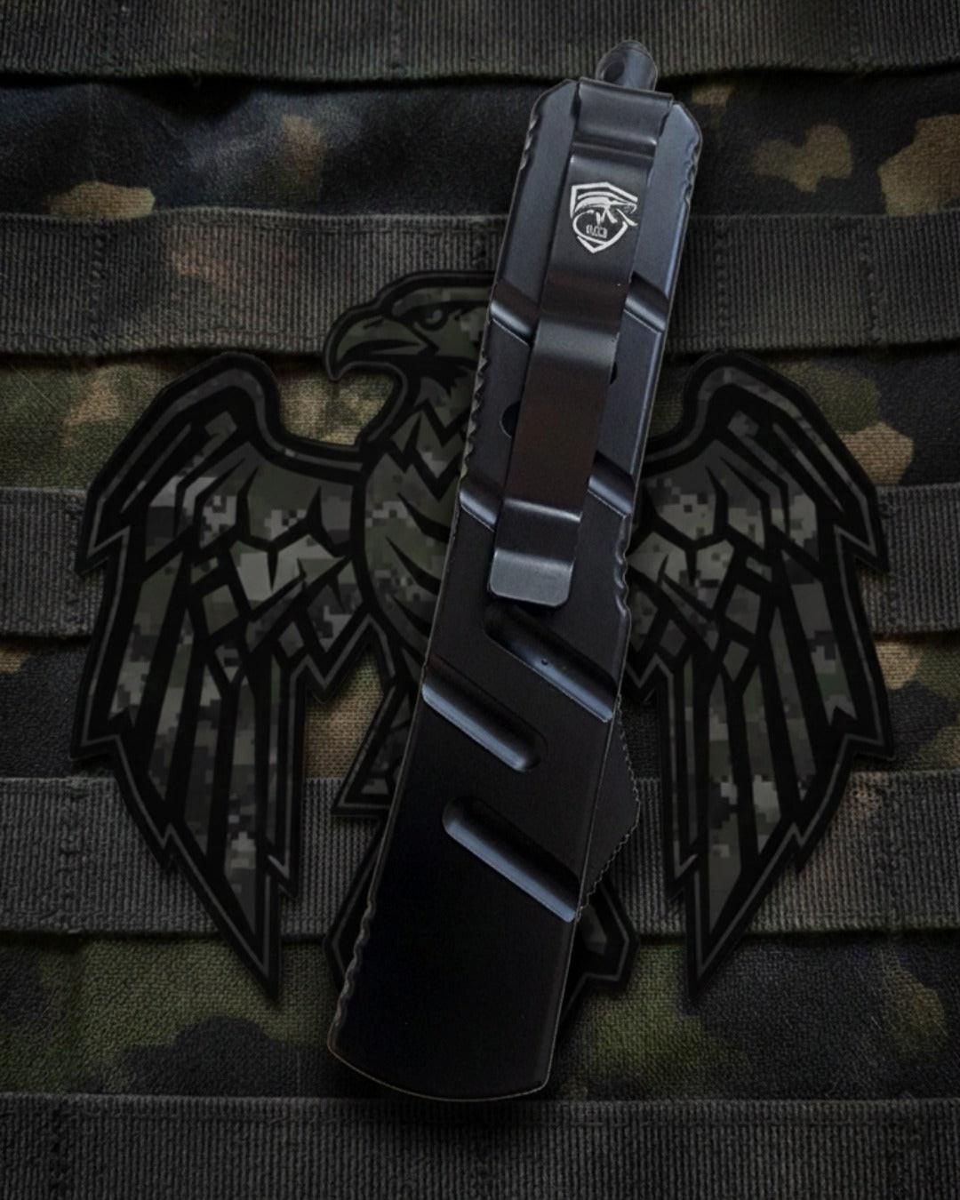 Black tactical belt with eagle emblem on camouflage background