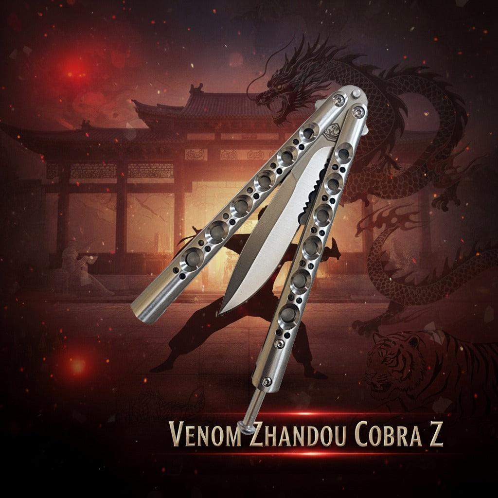 Balisong Knife with dragon and traditional architecture in the background, featuring 'Venom Zhandou Cobra Z'.