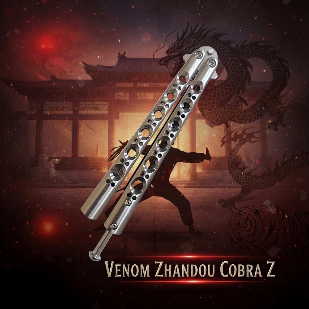 Metallic weapon with 'Venom Zhandou Cobra Z' branding against a dragon and traditional architecture backdrop.