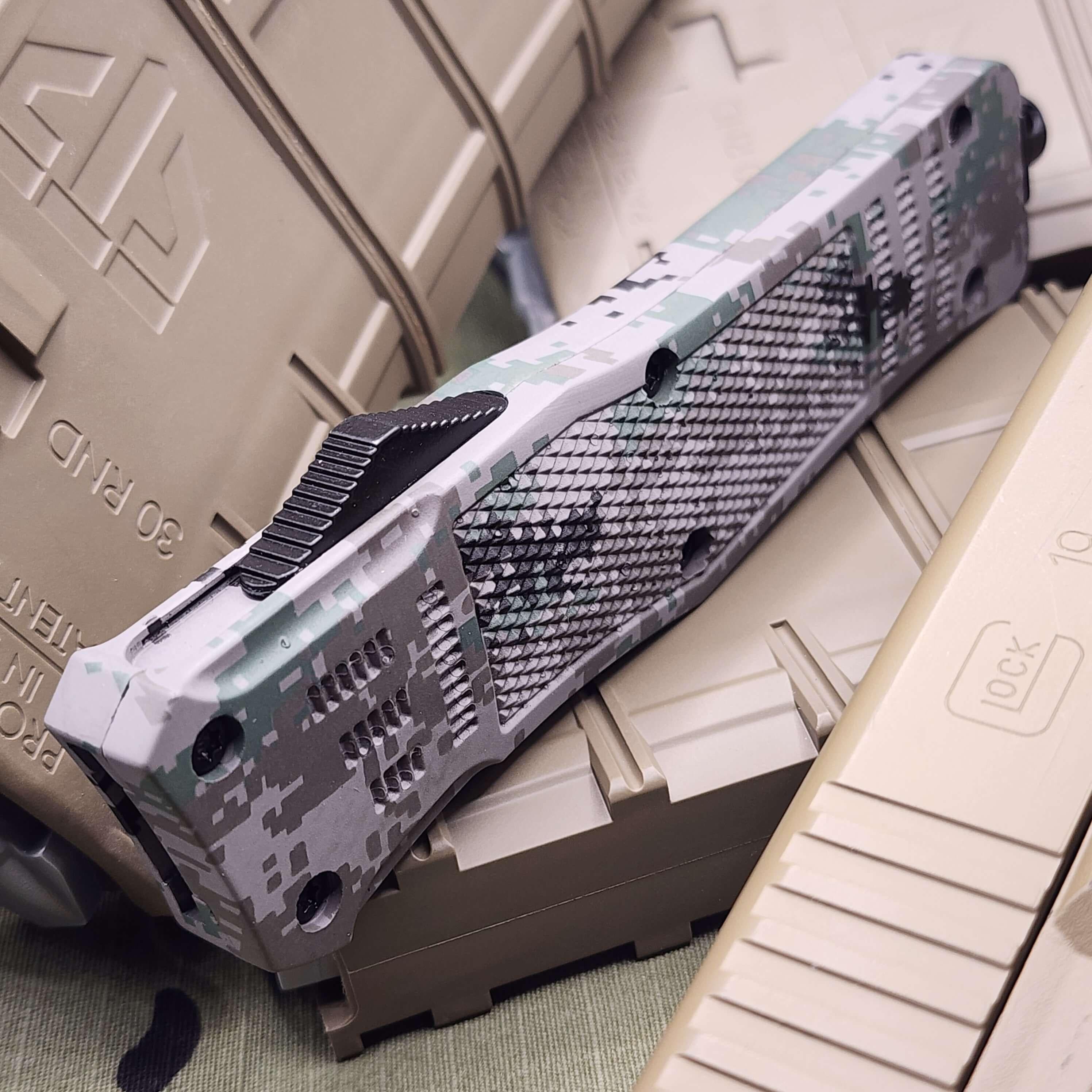 Elite Venom Tactical Blade featuring the Venom 4TR ELITE OTF Knife in ACU Camo with Satin DP 3.4 inch blade