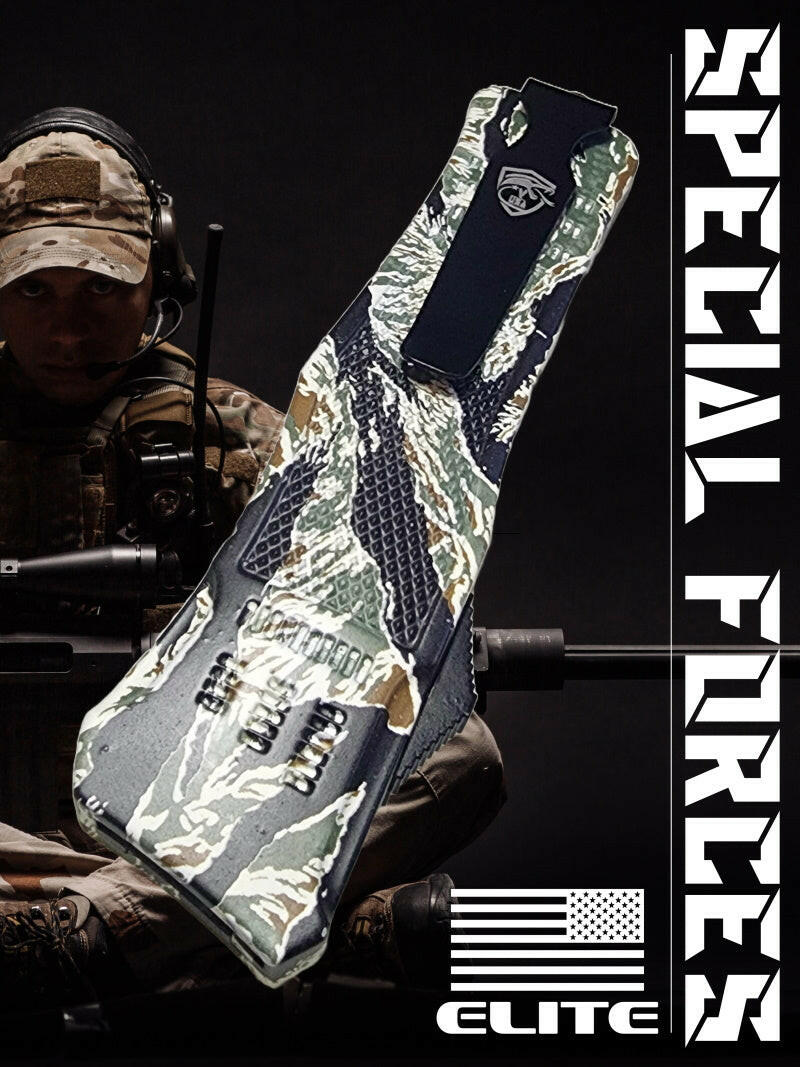 Venom 4TR ELITE Tactical OTF Knife - Tiger Camo (Black Drop Point 3.4")