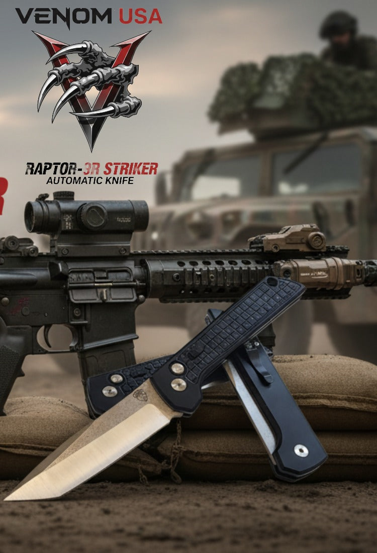 Venom USA Raptor-3R Striker automatic knife with rifle on a military vehicle background