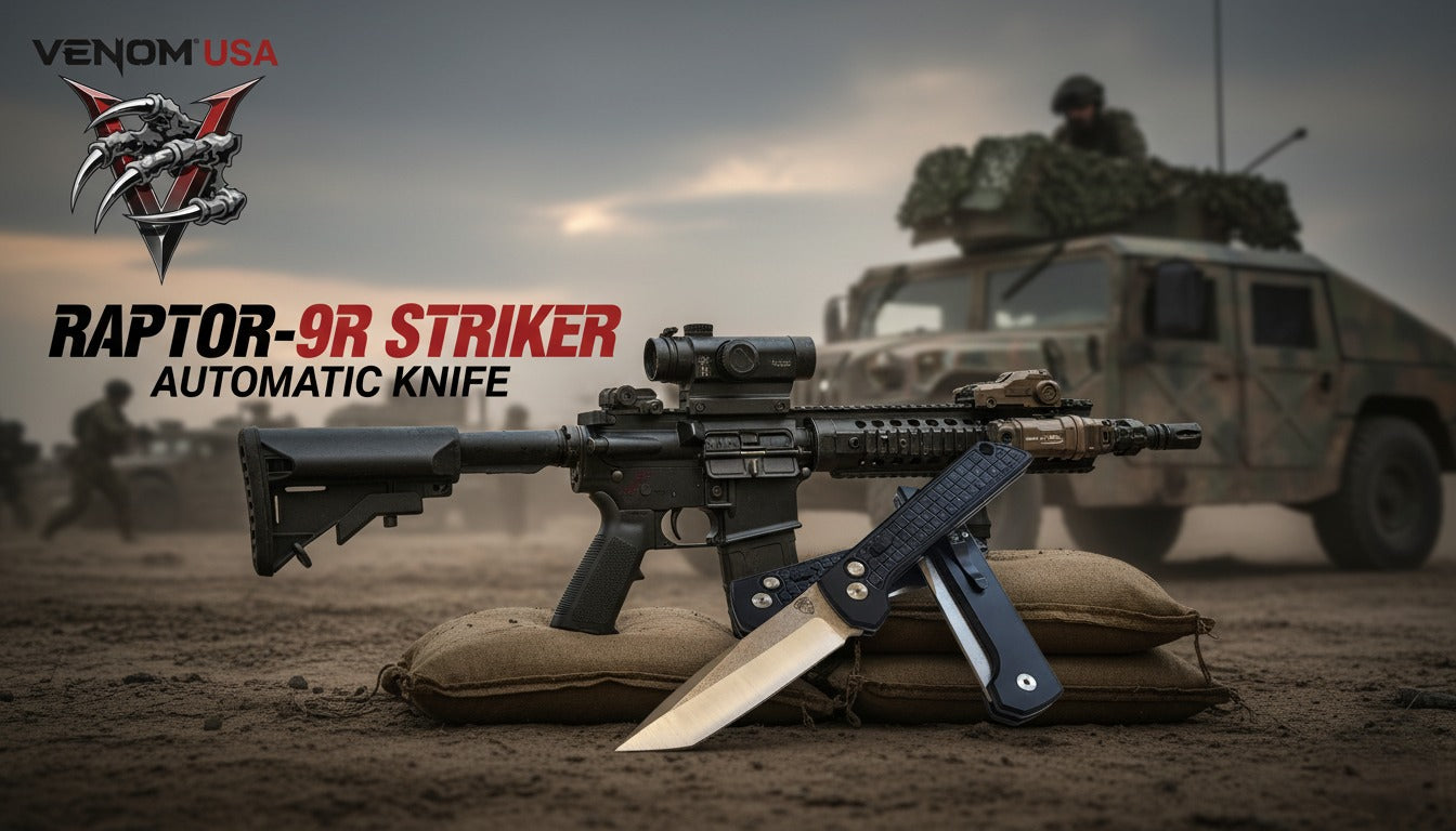 Raptor-9R Striker automatic knife with military vehicle and personnel in the background, featuring Venom USA branding.
