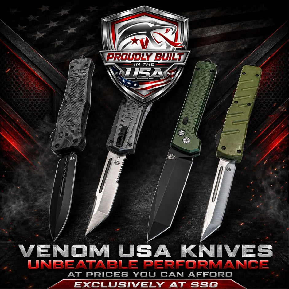 Four Venom USA folding knives displayed vertically against a dark patriotic background with a large shield logo reading 'Proudly Built in the USA' at the top and promotional text at the bottom.