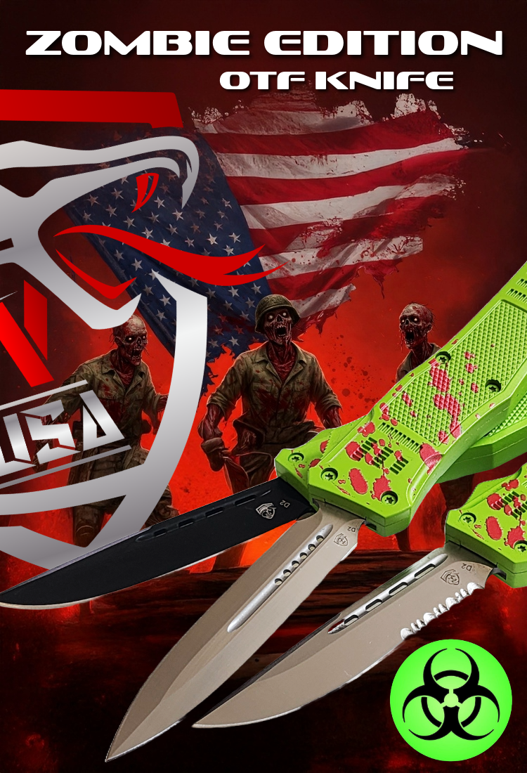 OTF Knife with Green Handle and Blood Splatter