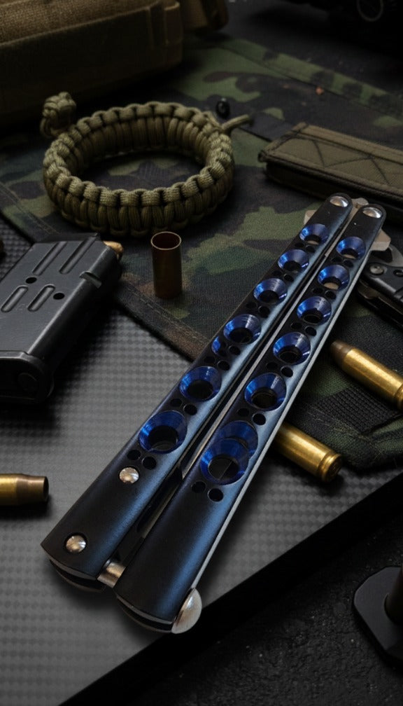 Venom Viper Strike Balisong butterfly knife in sleek black satin tanto finish, durable and stylish folding blade