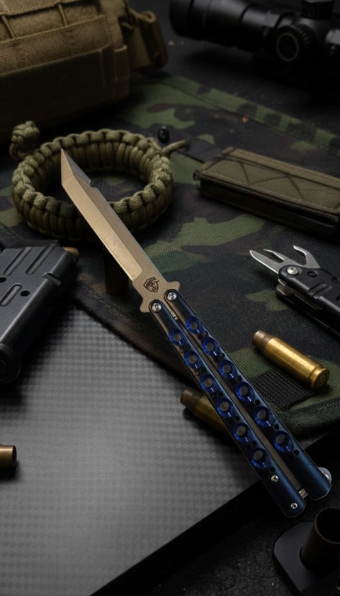 Venom Viper Strike Balisong butterfly knife in sleek black satin tanto finish, durable and stylish folding blade