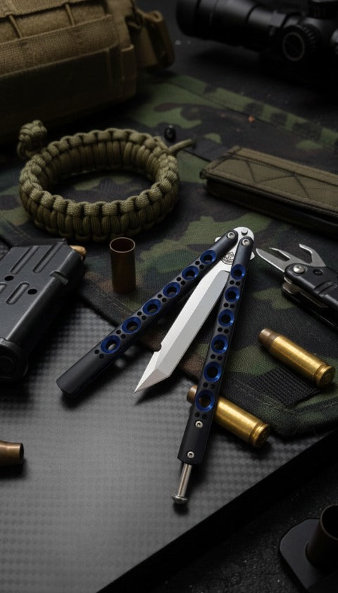 Venom Viper Strike Balisong butterfly knife in sleek black satin tanto finish, durable and stylish folding blade