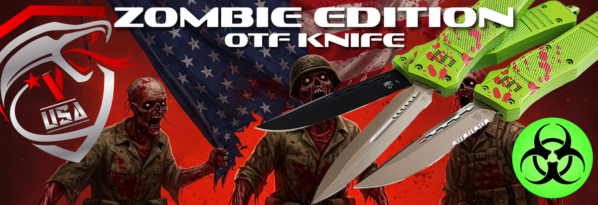 Zombie Hunter Green OTF (Out the Front) Knife with blood splatter and varies blade options