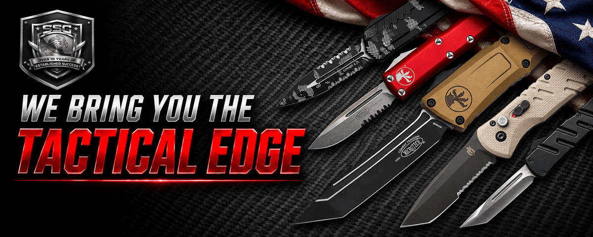 Premium automatic knives and OTF switchblade knives collection — tactical OTF knives with black, red, tan, and desert camo handles from Southern Sporting Goods

