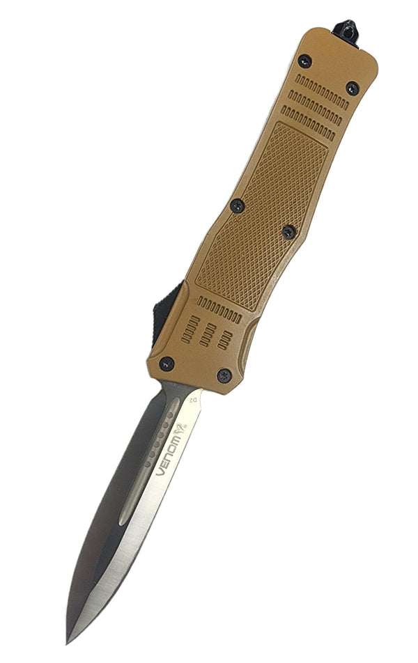 Venom Desert Tan OTF Knife with Satin Double Edge Blade