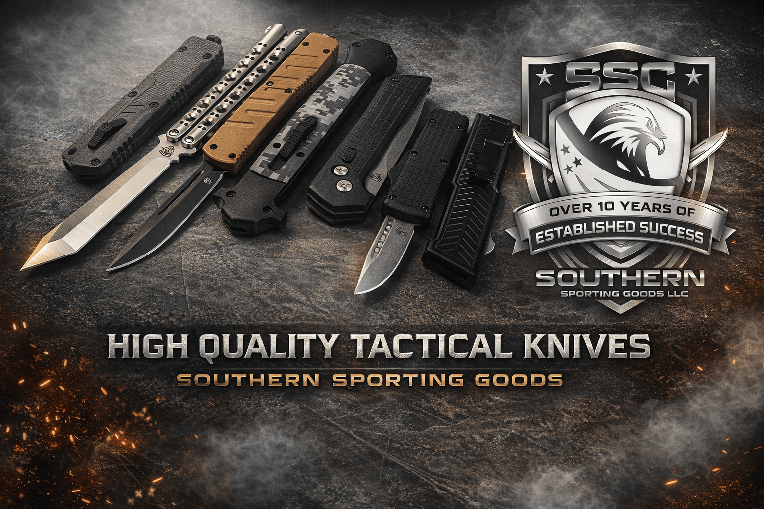 Collection of tactical automatic knives with Southern Sporting Goods logo on a dark background