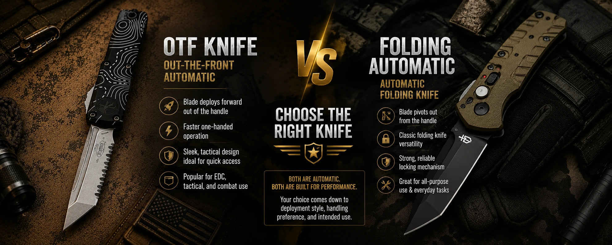 OTF knife vs folding automatic knife comparison featuring a Microtech OTF knife and an automatic folding knife with a tactical background, highlighting the differences in deployment, performance, and everyday carry.