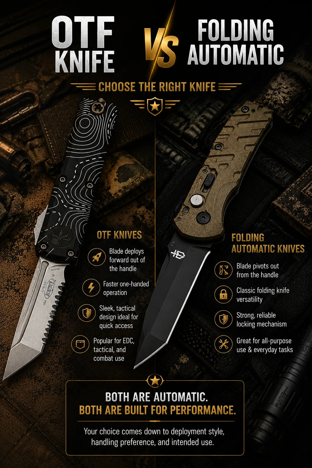 Mobile comparison of an OTF knife vs folding automatic knife featuring a Microtech OTF knife and a side-opening automatic knife to help choose the best automatic knife for everyday carry and tactical use.
