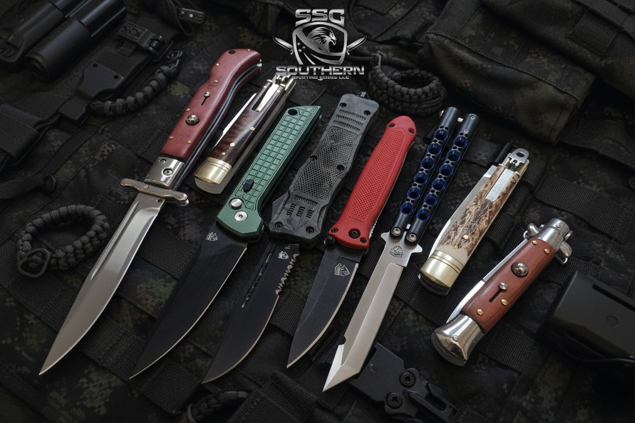 Collection of OTF switchblade balisong and automatic knives on a tactical style background with the Southern Sporting Goods LLC logo at the top of the image