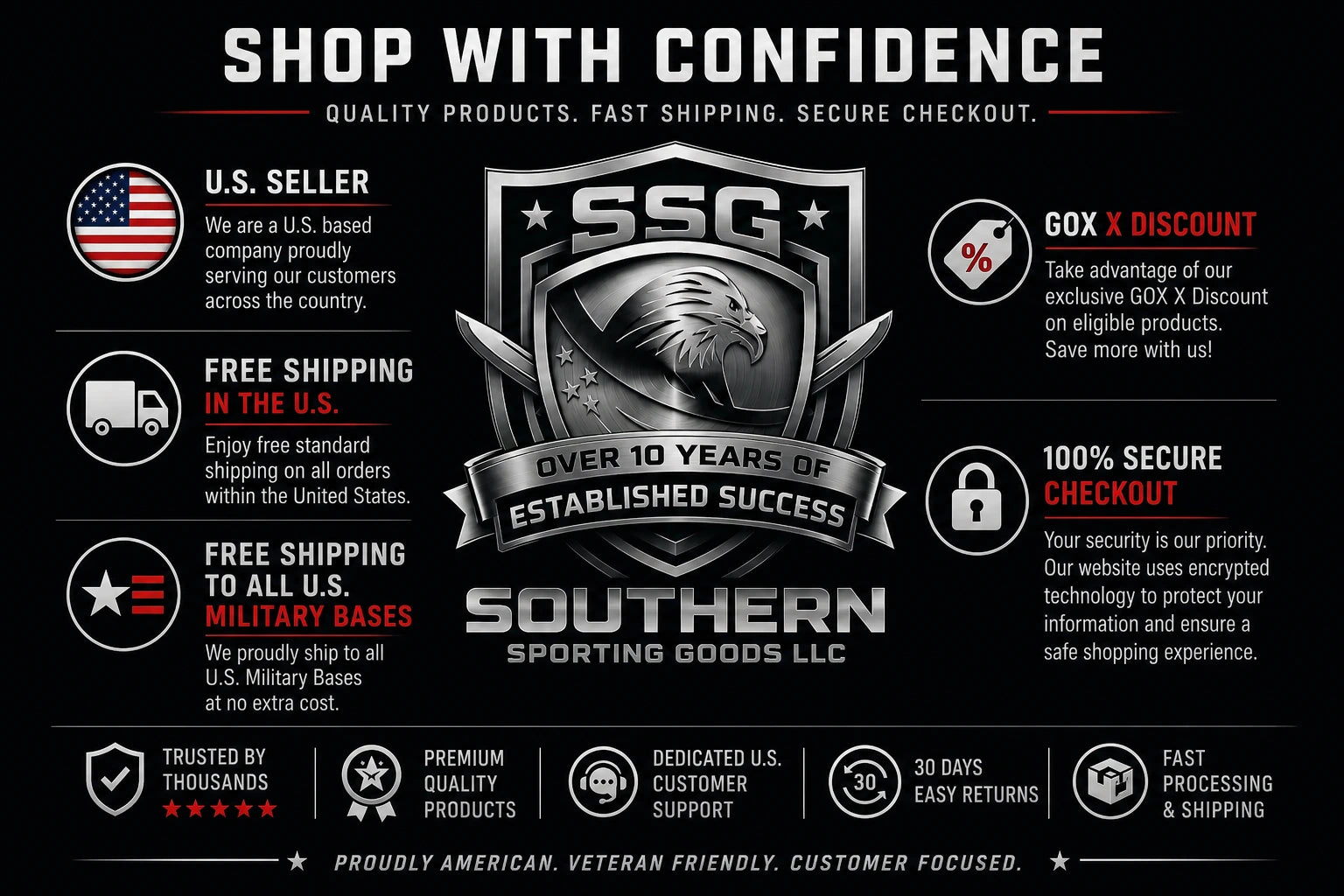 Shop with Confidence at Southern Sporting Goods LLC featuring OTF knives and automatic knives for sale with free U.S. shipping, 30-day returns, secure checkout, military base shipping, GovX discount, and trusted U.S. seller benefits.