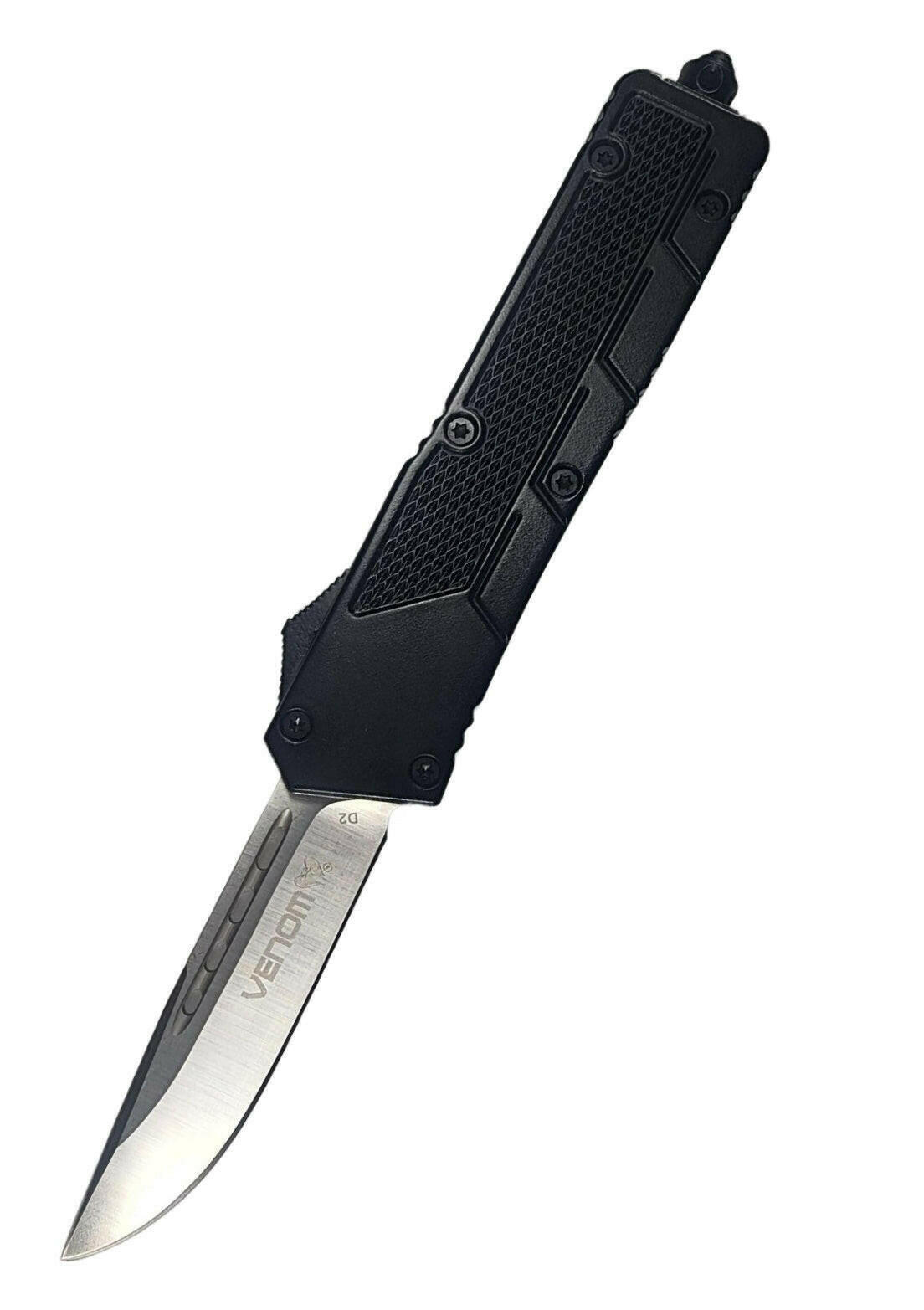 Venom Black Raven Auto OTF Knife | Satin Drop Point Plain Edge.