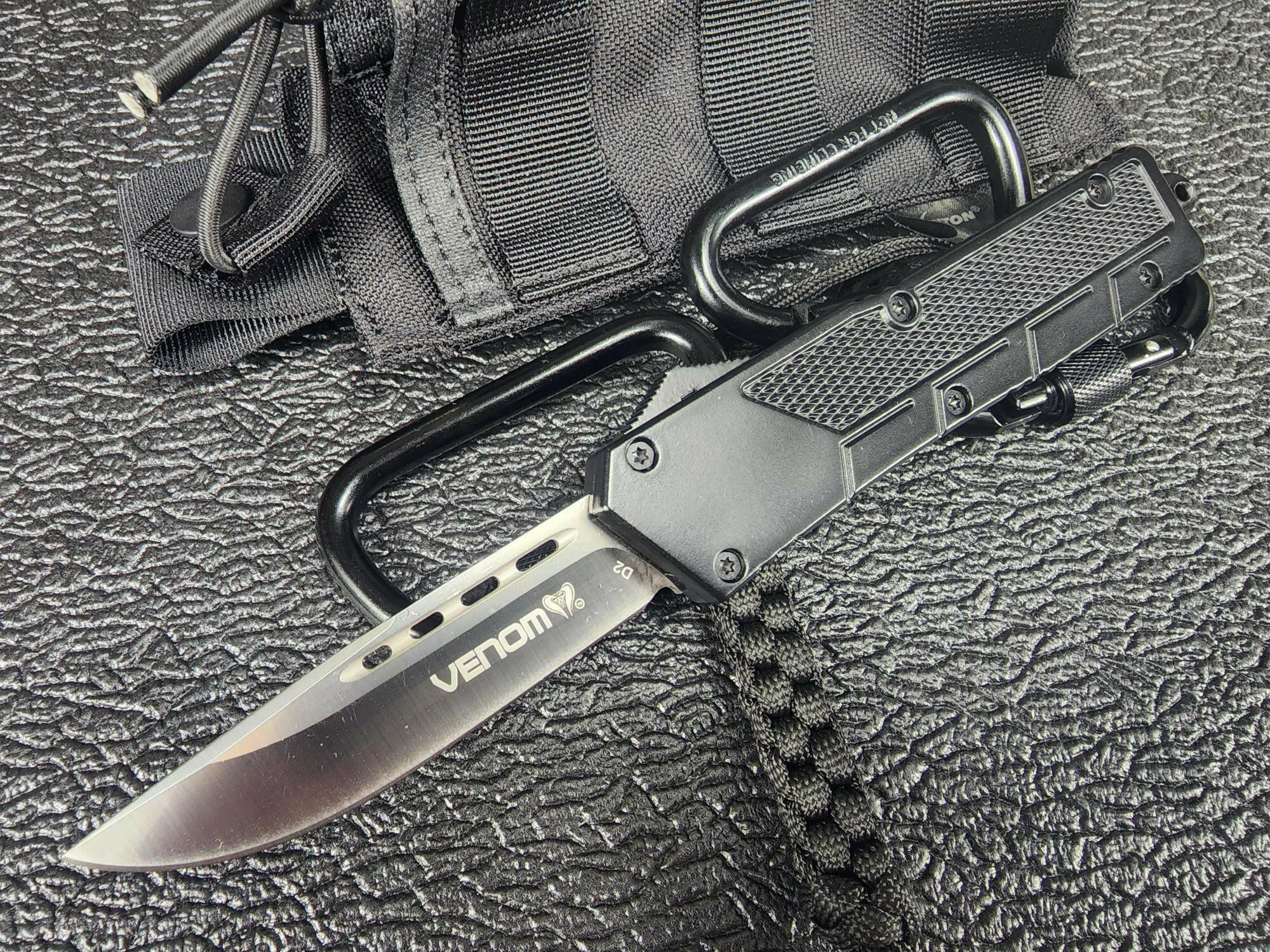 Venom Black Raven Auto OTF Knife | Satin Drop Point Plain Edge.