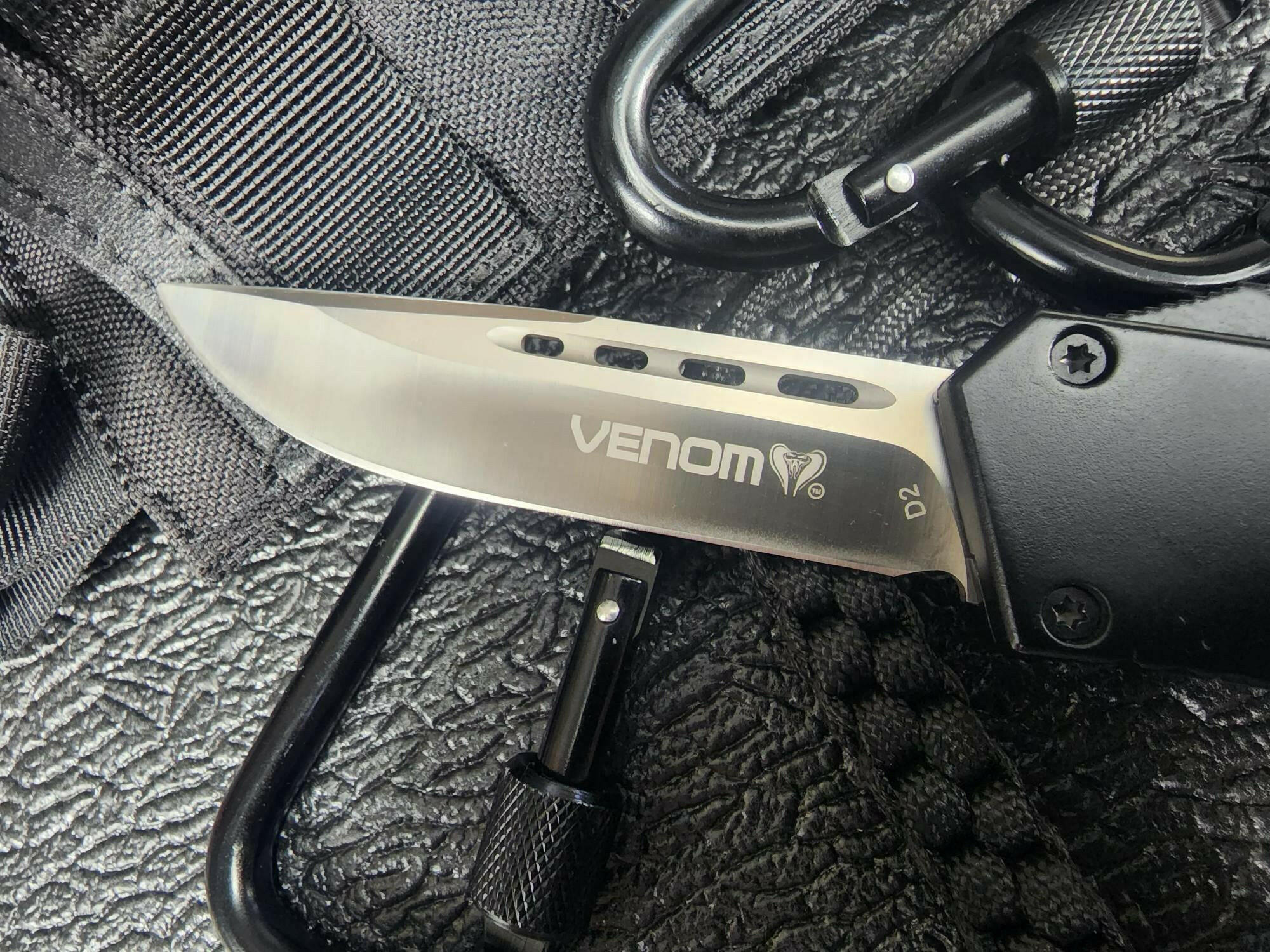 Venom Black Raven Auto OTF Knife | Satin Drop Point Plain Edge.