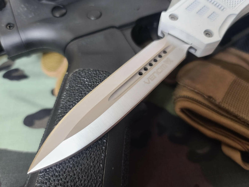 Venom 4TR Arctic Commando Tactical OTF Knife - White - Satin Double Edge D2 White Models Southern Sporting Goods LLC   