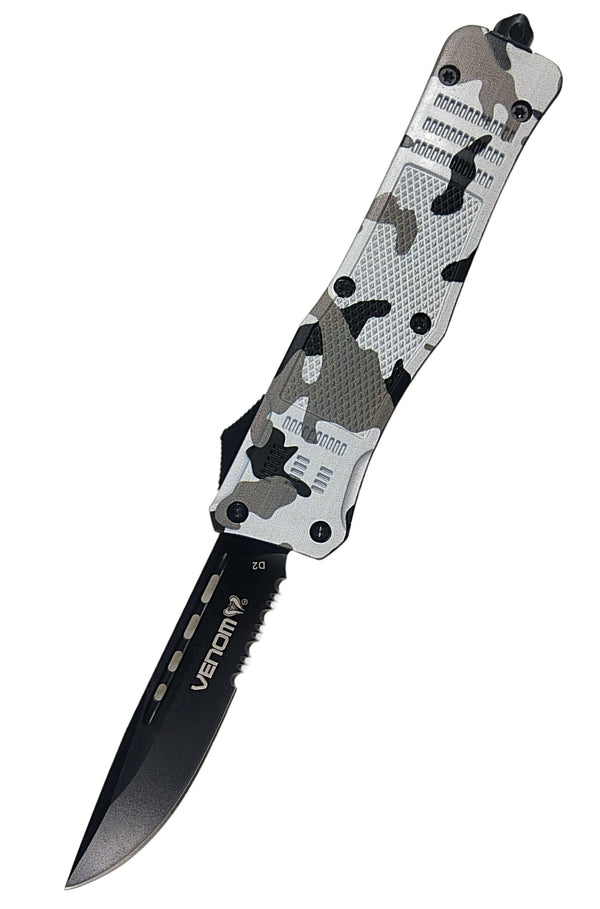 Venom 4TR Armor Division Camo Tactical OTF Automatic Knife - Black Drop Point Partial Serr D2.