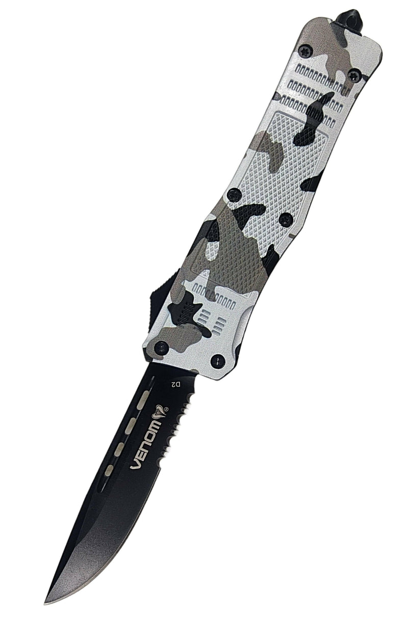 Venom 4TR Armor Division Camo Tactical OTF Automatic Knife - Black Drop Point Partial Serr D2.