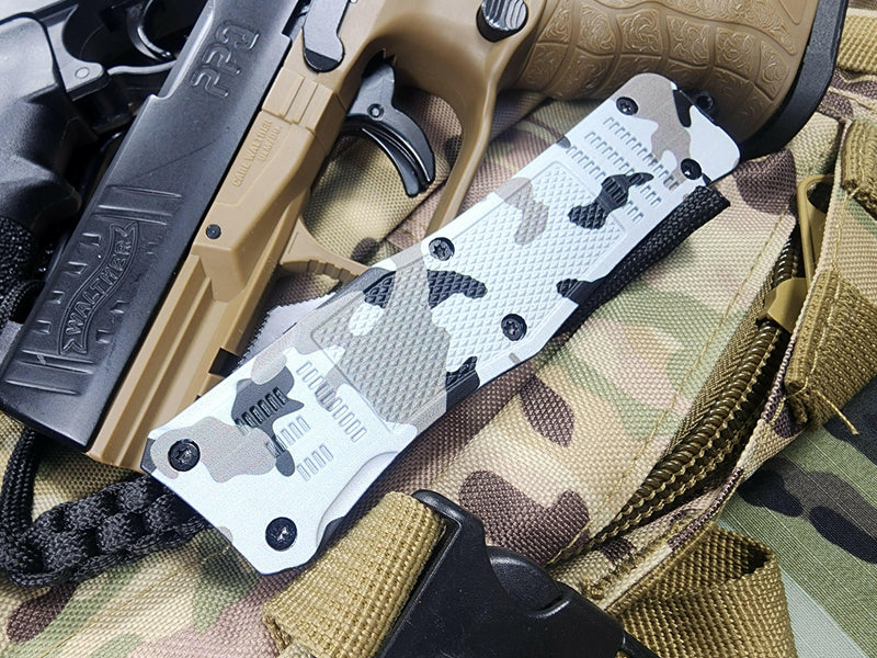 Venom 4TR Armor Division Camo Tactical OTF Automatic Knife - Black Drop Point Partial Serr D2.