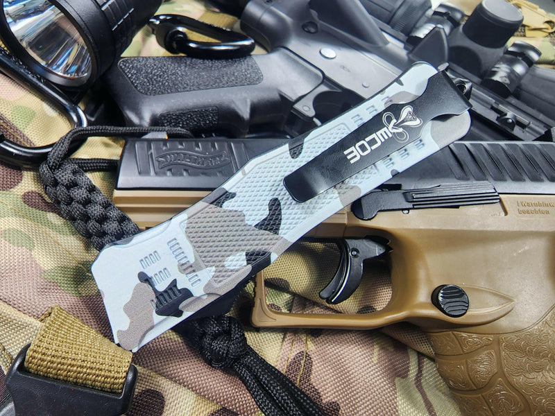 Venom 4TR Armor Division Camo Tactical OTF Automatic Knife - Black Drop Point Partial Serr D2.