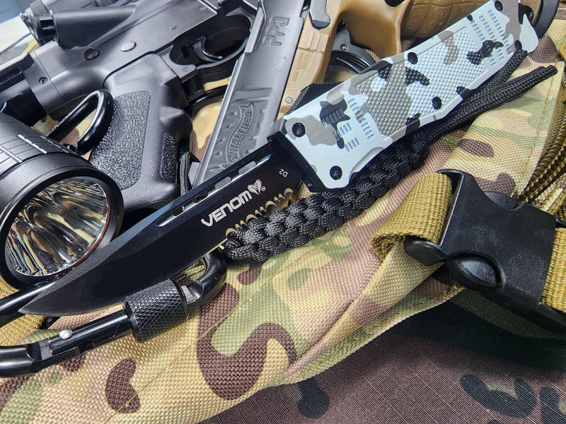 Venom 4TR Armor Division Camo Tactical OTF Automatic Knife - Black Drop Point Partial Serr D2.