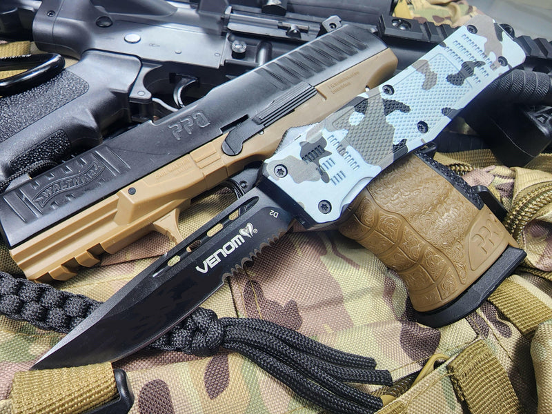 Venom 4TR Armor Division Camo Tactical OTF Automatic Knife - Black Drop Point Partial Serr D2.