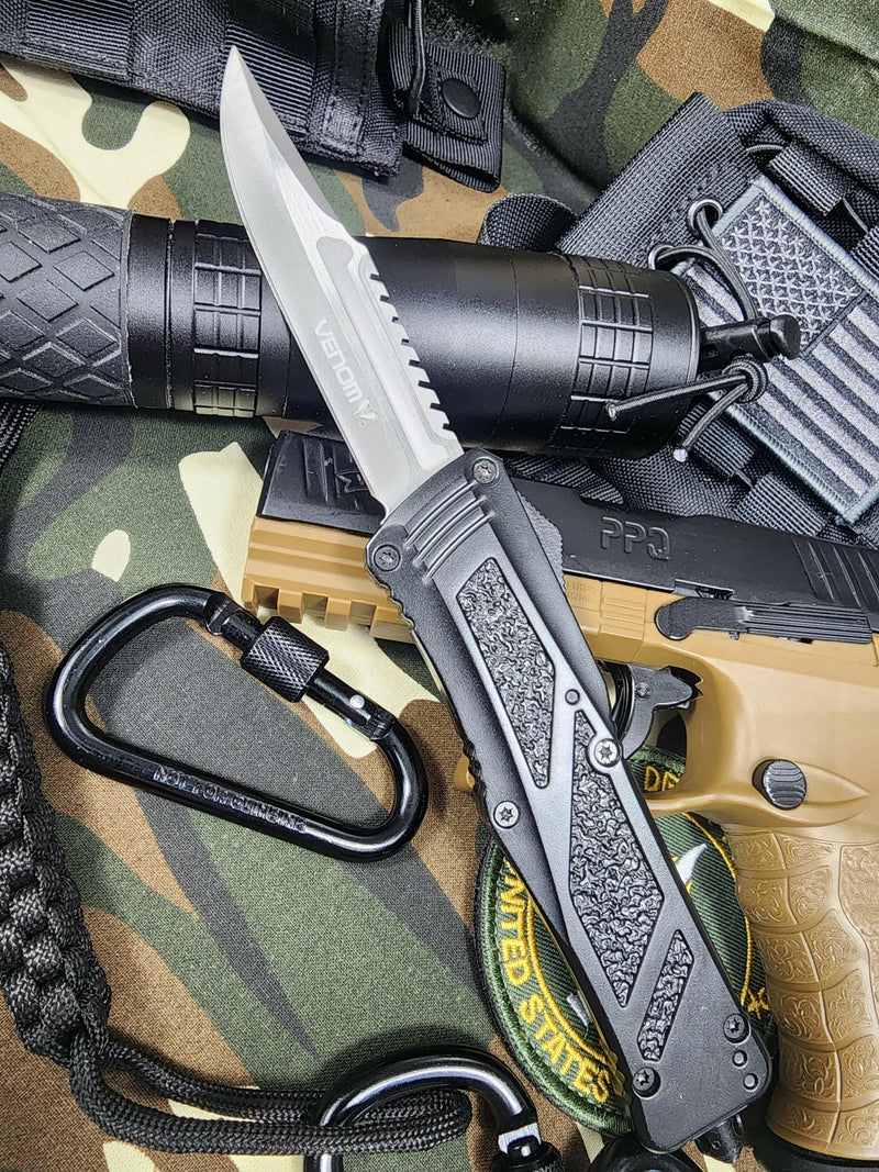 Venom BLACK OPS Automatic OTF Knife - Satin Drop Point Razorback Edge.