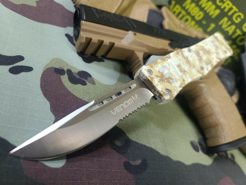 Venom 4TR Desert Fox Camo Edition OTF Knife - Satin Drop Point Partial Serr Camo Models Southern Sporting Goods LLC