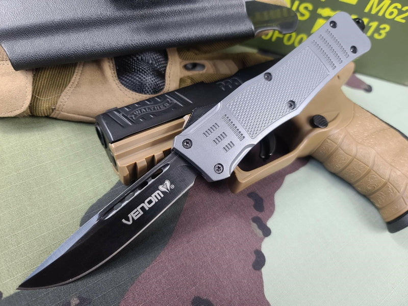 Venom 4TR Battlle Gray Auto OTF Knife - Black Drop Point Plain OTF Southern Sporting Goods LLC
