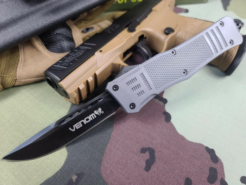 Venom 4TR Battlle Gray Auto OTF Knife - Black Drop Point Plain OTF Southern Sporting Goods LLC